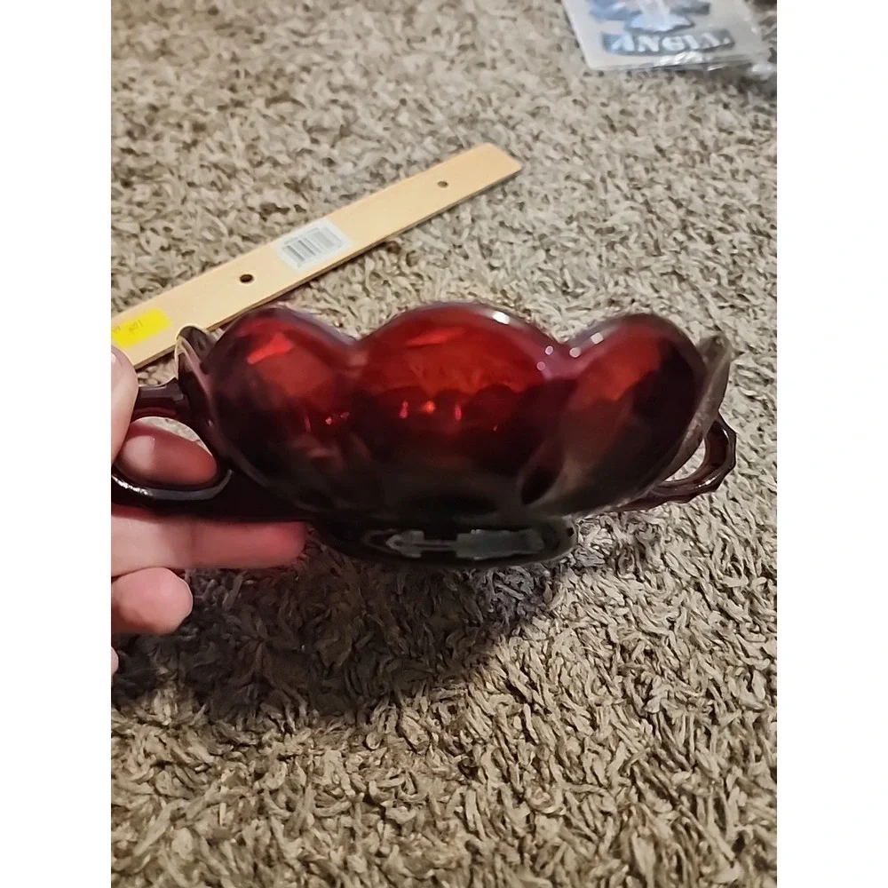RARE! Anchor Hocking‎ Fairfield Pattern Ruby Red Glass Bowl 2 Handles 1950s
